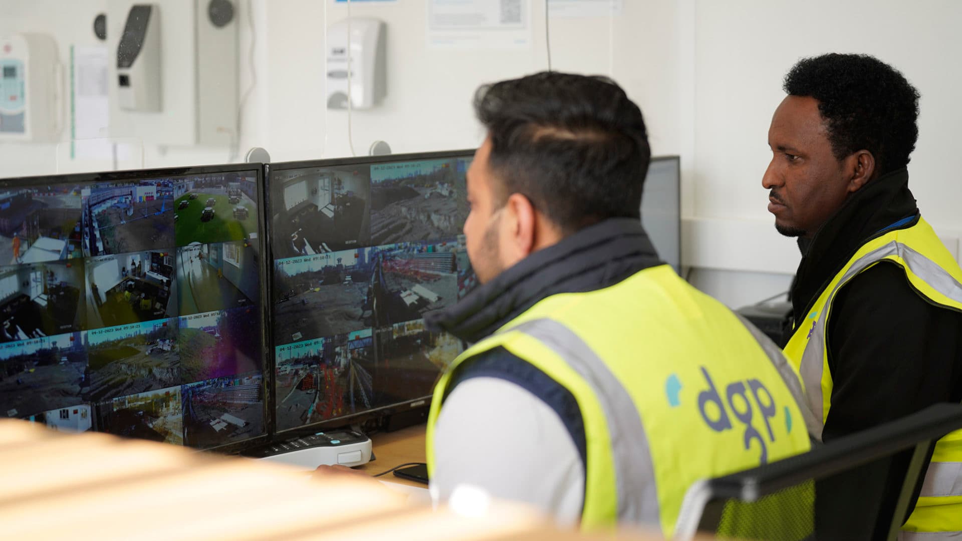 Two workers monitoring cctv on computers