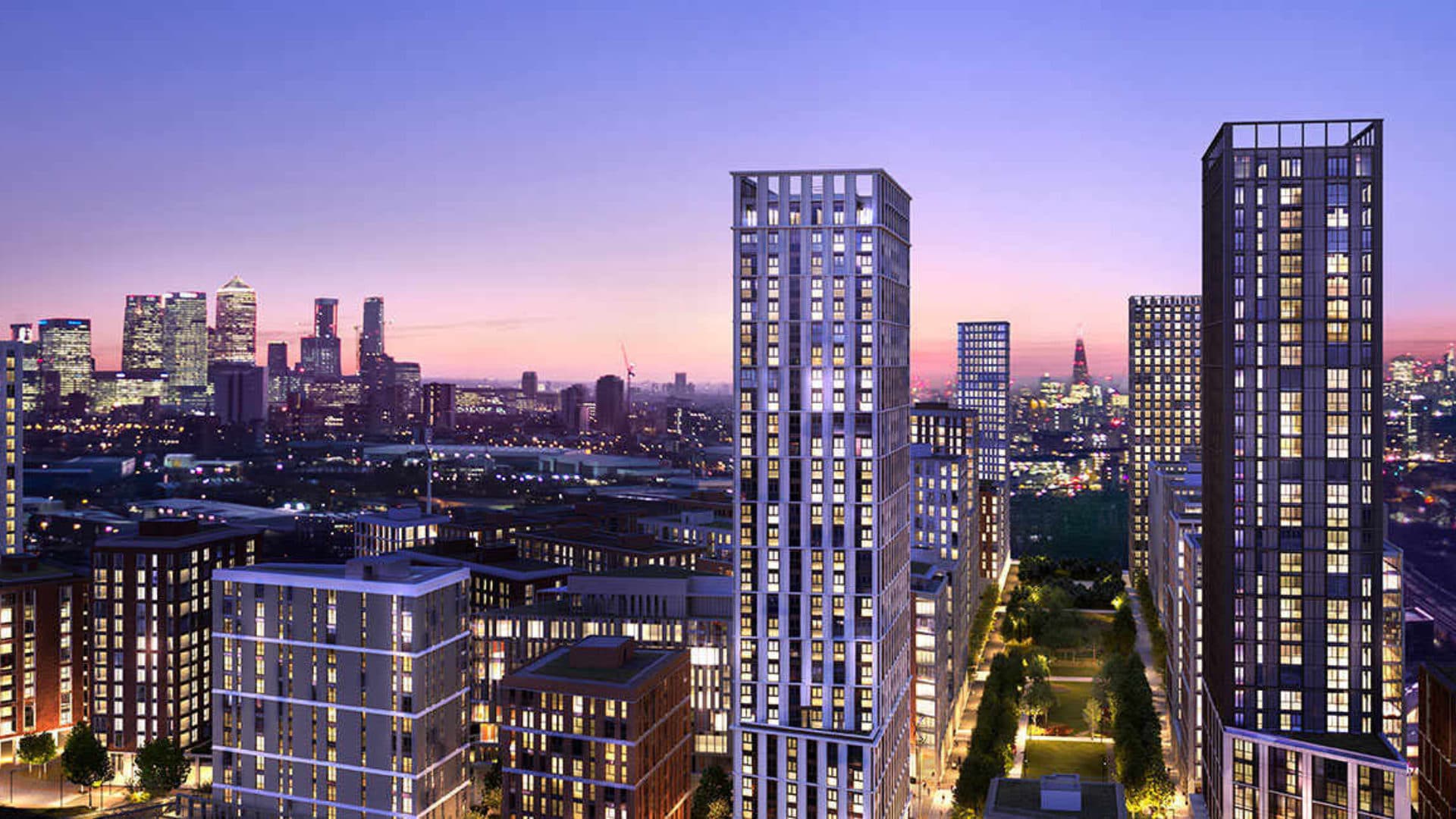 City skyline sunset image showing the Twelve Trees development
