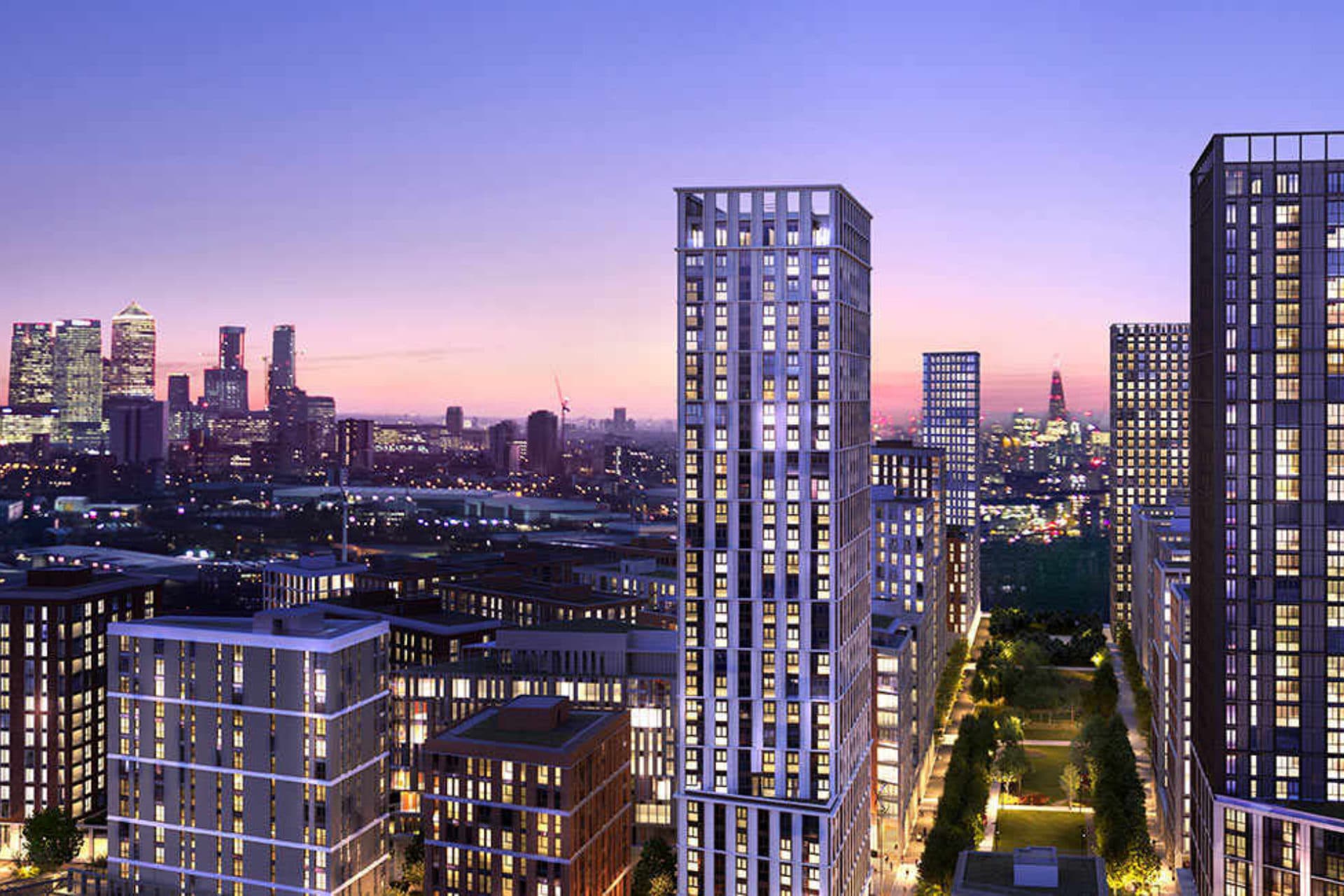 City skyline sunset image showing the Twelve Trees development