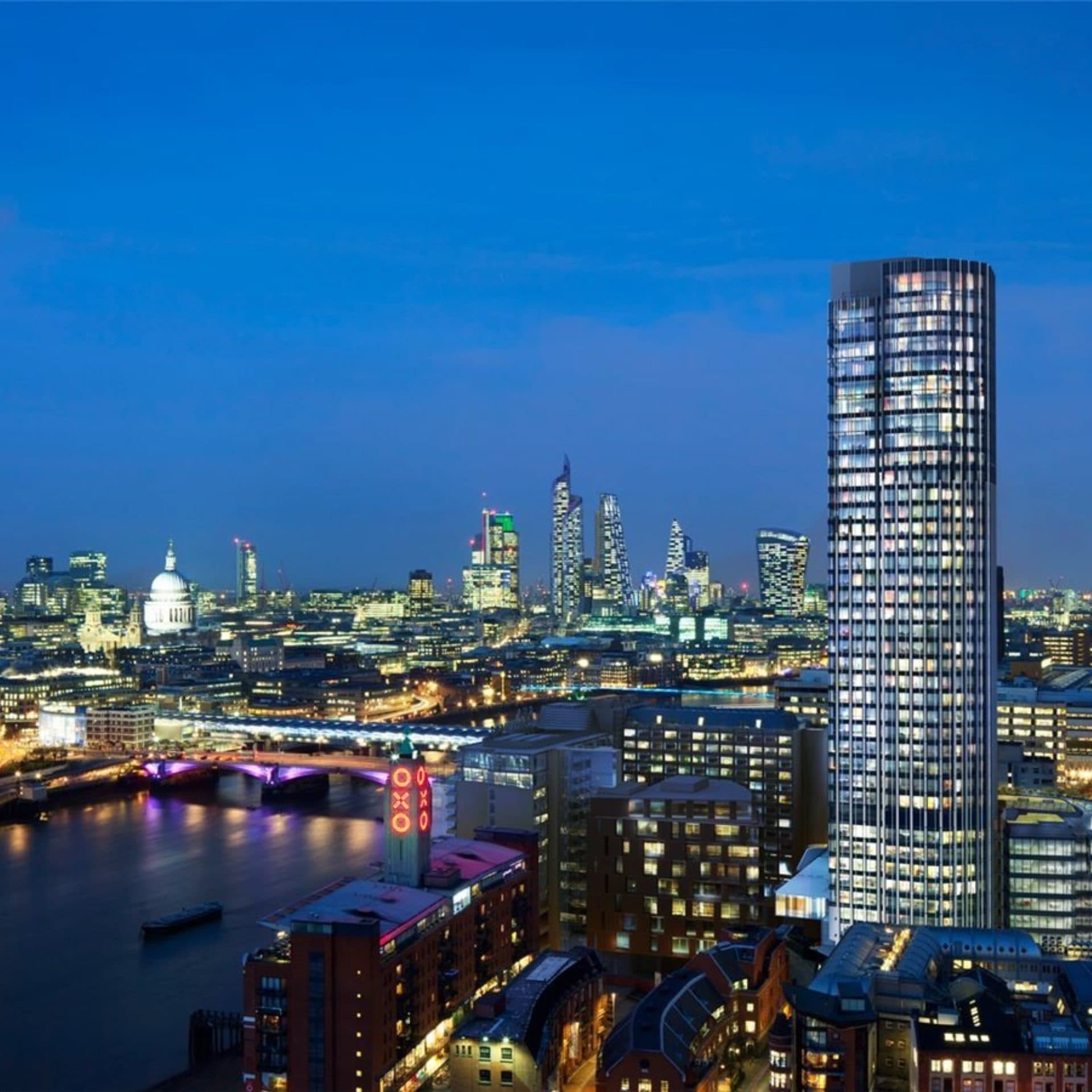 Night time skyline image of the South Bank development