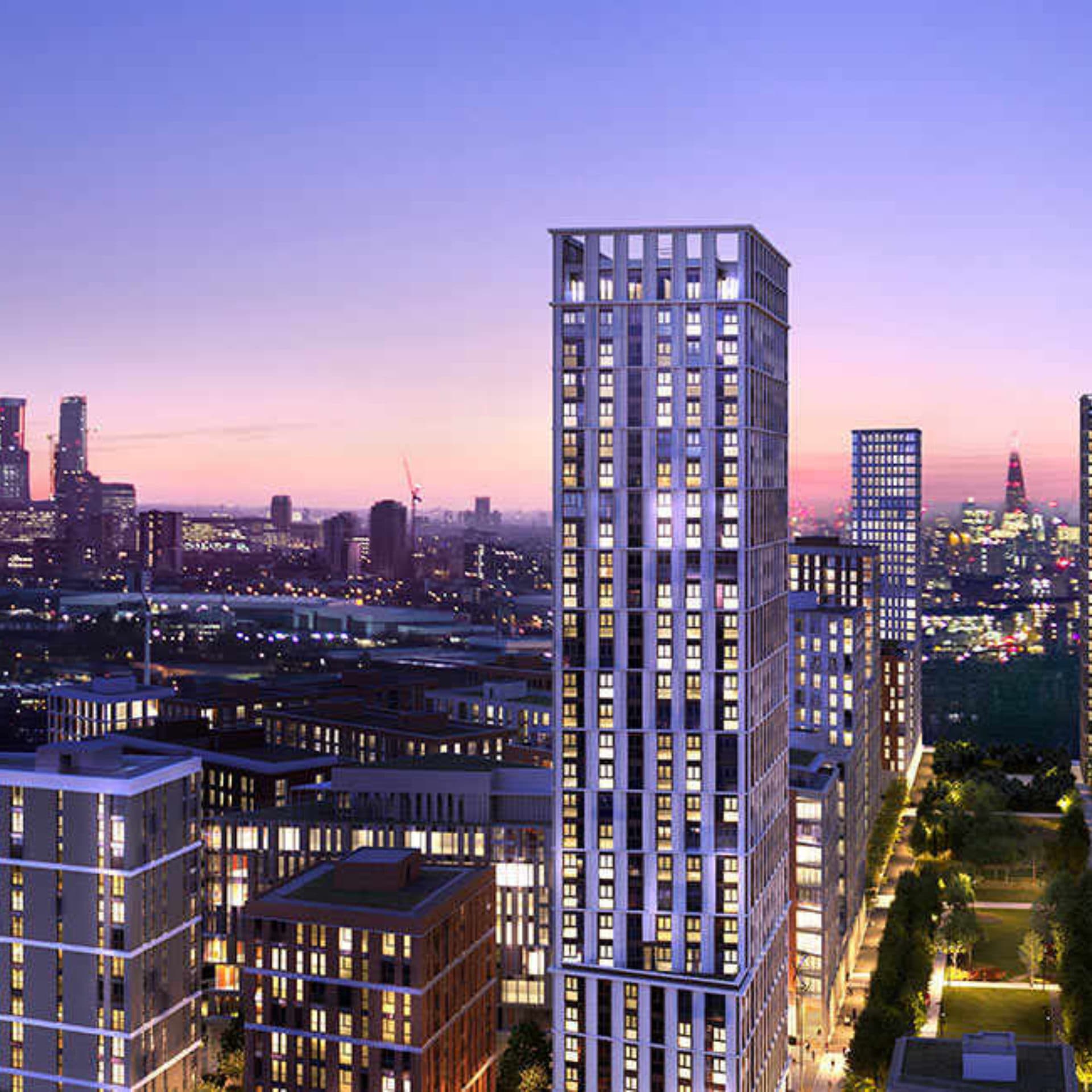 City skyline sunset image showing the Twelve Trees development