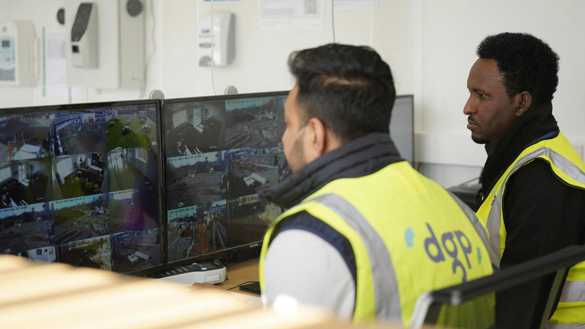 Two workers monitoring cctv on computers